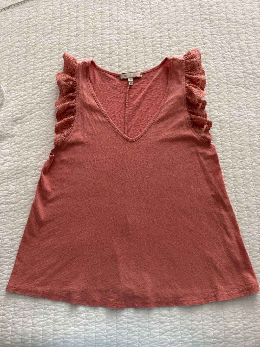 Eri & Ali Anthropologie Coral Sleeveless V-Neck Tank with Lace Flutter Sleeves
